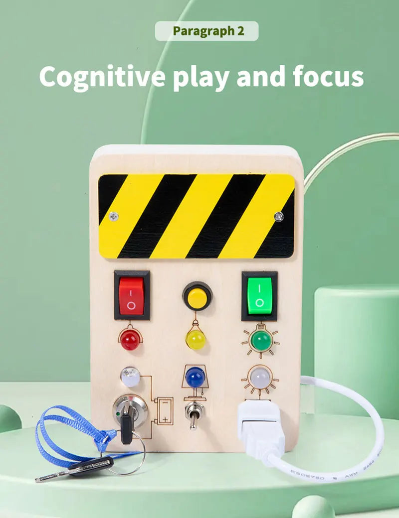 Montessori Busy Board Jouets mentaires oriels en bois avec interrupteur à lumière LED, Tableau de commande, Activités de voyage, Jeux pour enfants, 2-4 ans