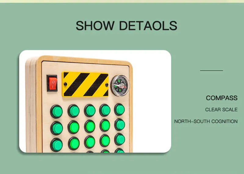 Montessori Busy Board Jouets mentaires oriels en bois avec interrupteur à lumière LED, Tableau de commande, Activités de voyage, Jeux pour enfants, 2-4 ans