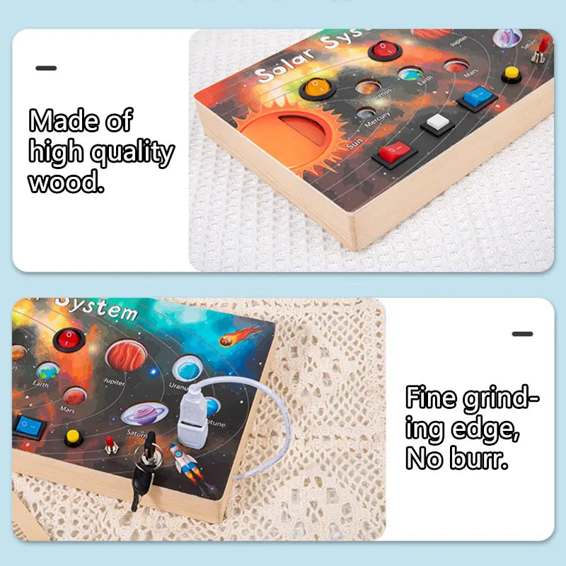 Montessori Busy Board Jouets mentaires oriels en bois avec interrupteur à lumière LED, Tableau de commande, Activités de voyage, Jeux pour enfants, 2-4 ans