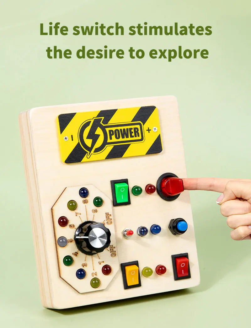 Montessori Busy Board Jouets mentaires oriels en bois avec interrupteur à lumière LED, Tableau de commande, Activités de voyage, Jeux pour enfants, 2-4 ans