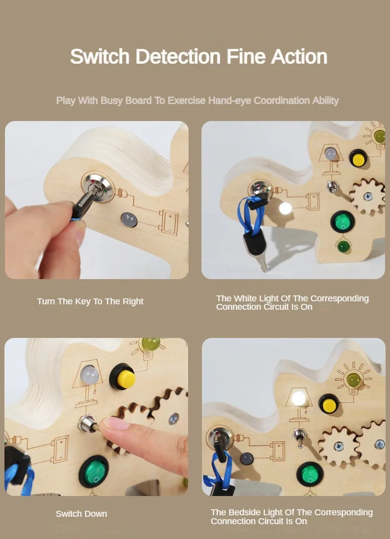 Planche d’activités Montessori / Circuit LED avec prise et interrupteur ON/OFF / Développement de la motricité fine et des capacités cognitives / Jouet éducatif pour bébés / Idée cadeau Busy Board