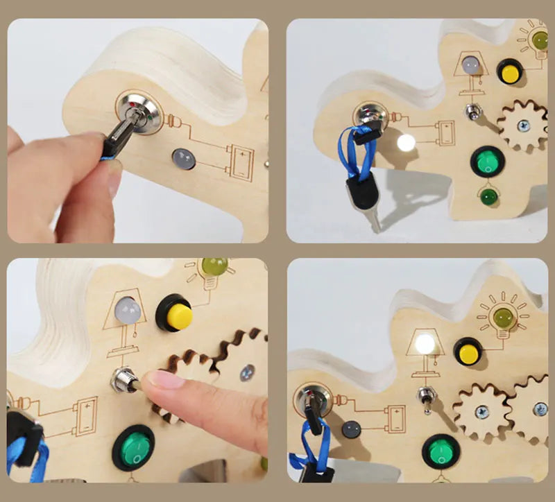 Montessori Busy Board Jouets mentaires oriels en bois avec interrupteur à lumière LED, Tableau de commande, Activités de voyage, Jeux pour enfants, 2-4 ans
